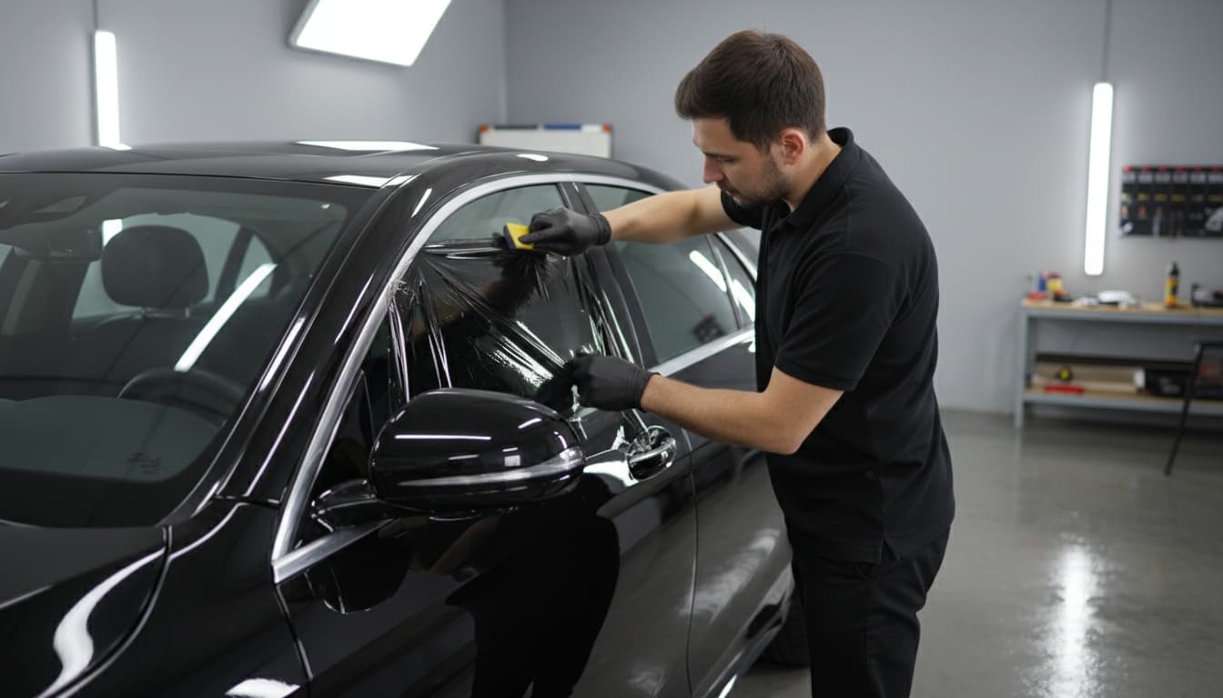 Technician applying nano-ceramic window tint to a black luxury sedan