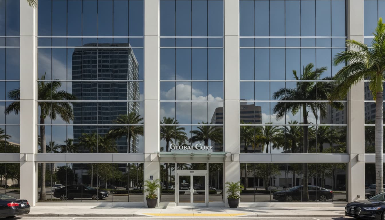 Commercial building façade with solar-control tinted windows in Florida