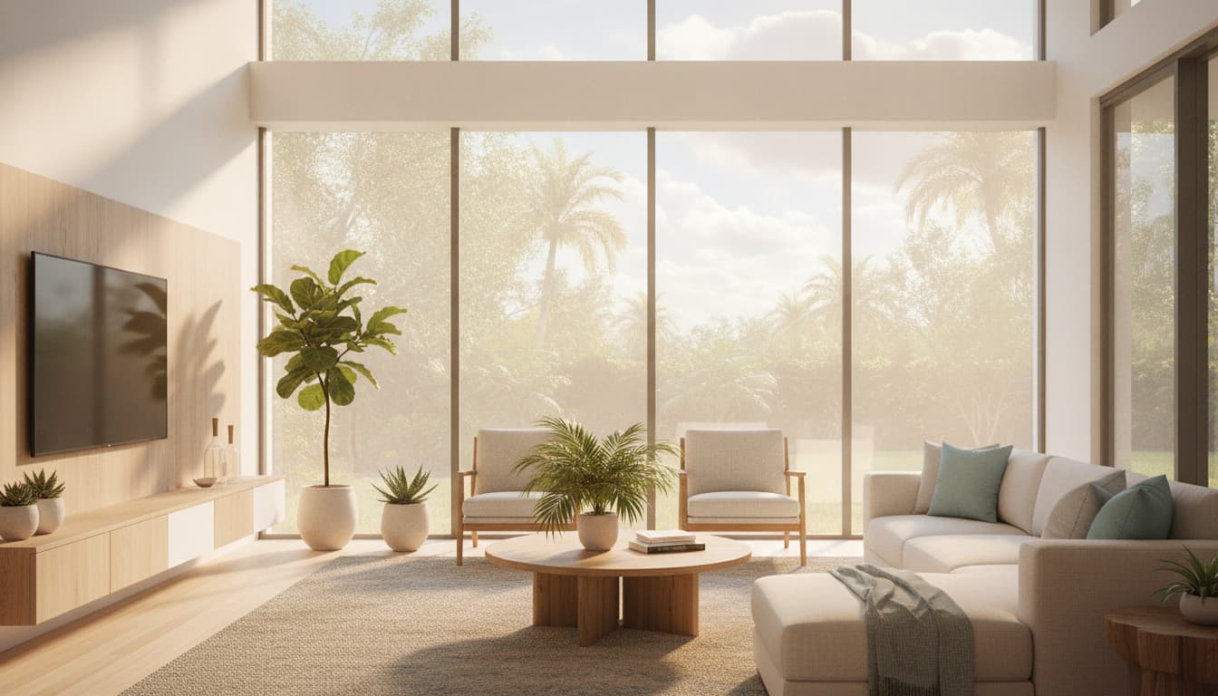 Modern Florida living room with large windows and solar-control window film