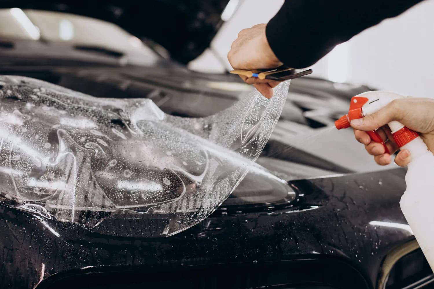 Paint protection film being applied to a vehicle hood